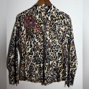 Love Polly Leopard Print Western Long Sleeve Shirt with Floral Embroidery